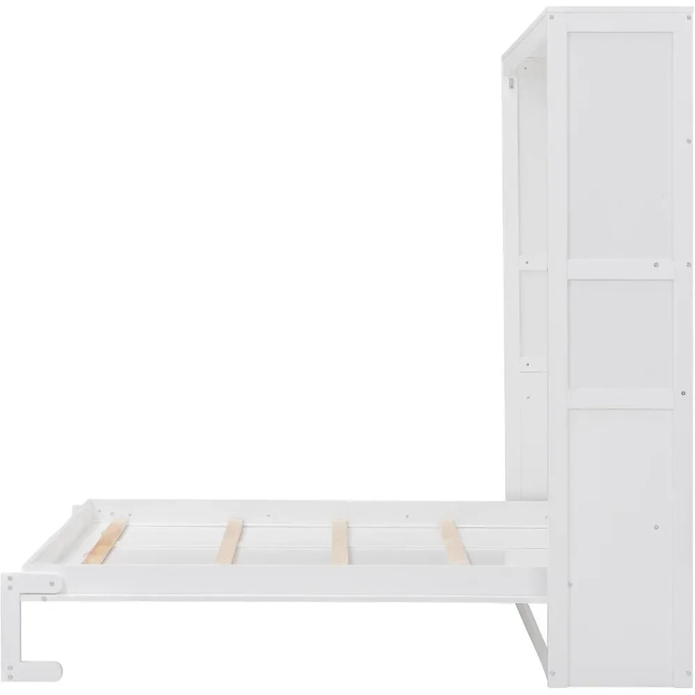 Full Size Murphy Cabinet Bed with Shelves – Space-Saving Wooden Wall Bed for Home Office or Small Rooms, White