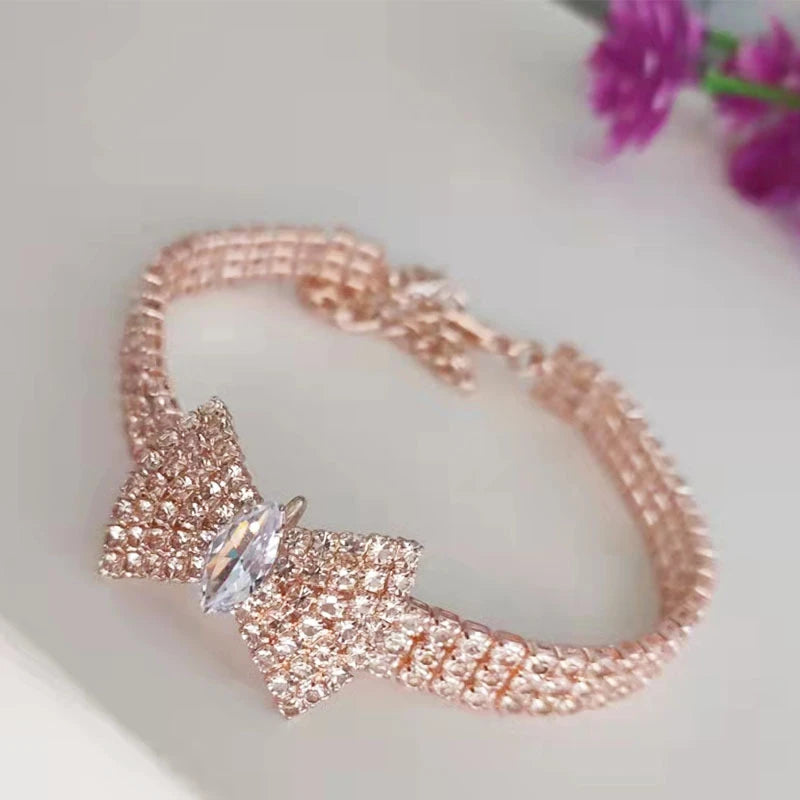 Zircon Bow Tie Dog & Cat Collar – Rose Gold Adjustable Pet Necklace with Lobster Clasp & Gift Box | Elegant All-Season Accessory