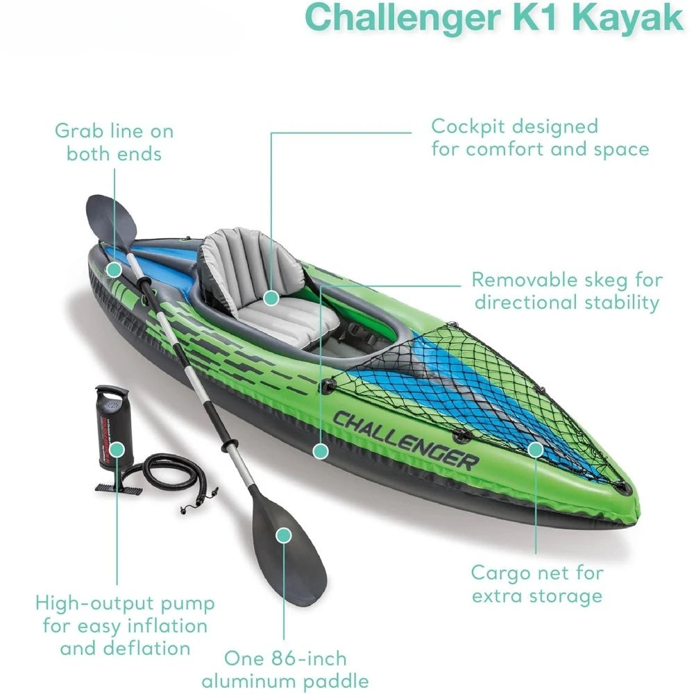 Challenger Series Inflatable Kayak – Durable 1 or 2 Person Kayak with 86" Paddle, Adjustable Seat & High-Output Pump – Heavy-Duty SuperStrong PVC Construction
