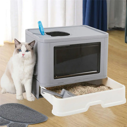 Foldable Enclosed Cat Litter Box – Front Entry & Top Exit with Massager Litter Scoop | Portable, Easy-Clean Kitty Toilet for Indoor Cats