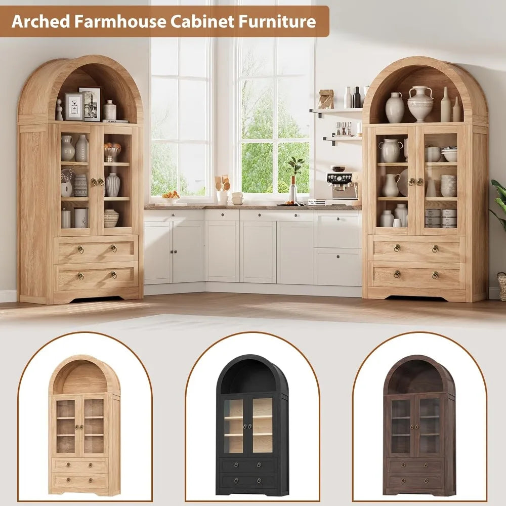 Upgraded Kitchen Pantry Cabinet with Arched Bookshelf – Storage Cabinet with Doors for Kitchen, Dining Room, or Living Room