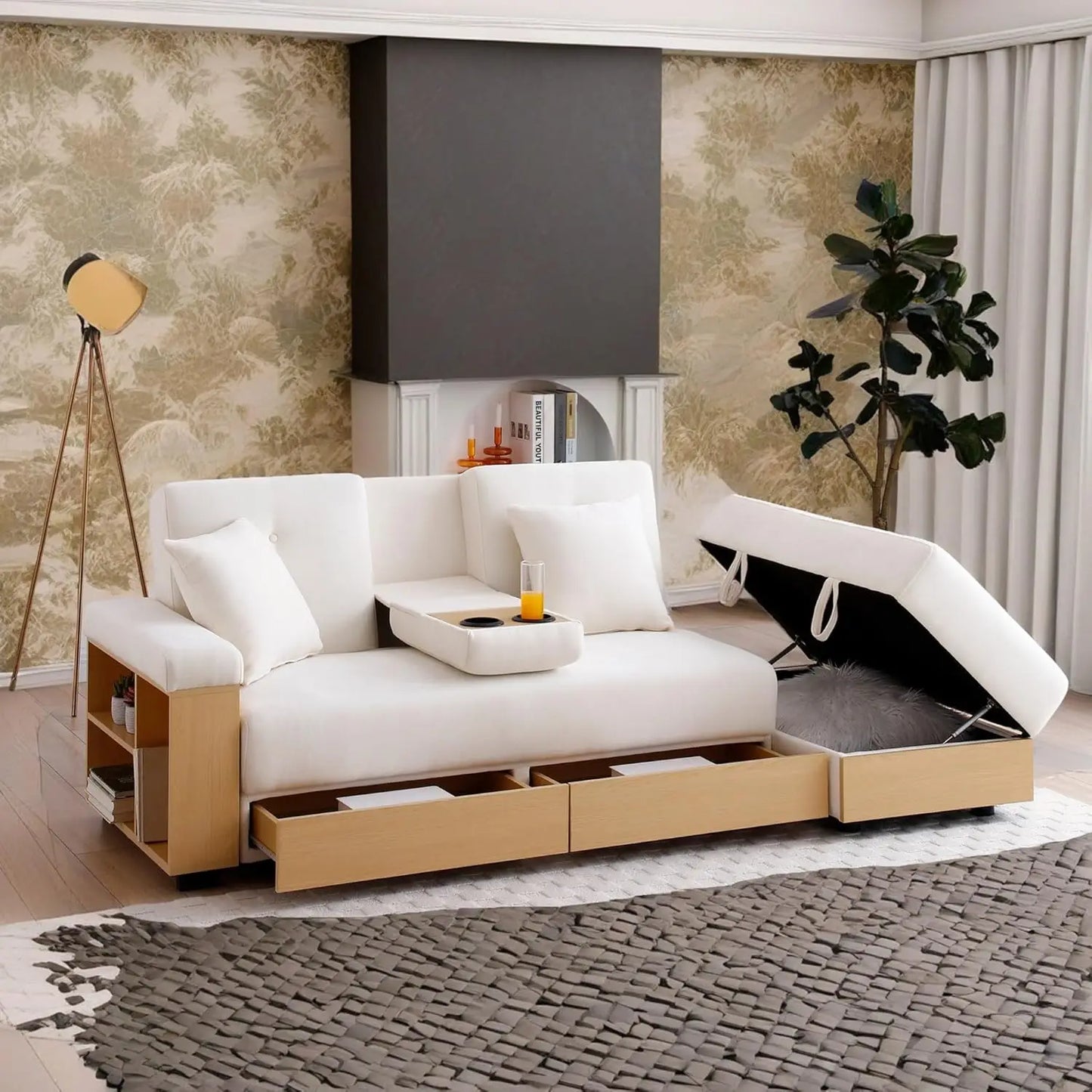 Convertible Sofa Bed with Storage Ottoman, Adjustable Armrest & Coffee Table