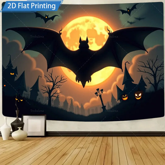 Halloween Wall Tapestry – Bat Silhouette with Full Moon & Spooky Pumpkins, Gothic Horror Décor for Home, Bedroom, or Party