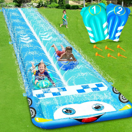 33.3FT Extra Long Double Lane Water Slide for Kids – Race Car Lawn Slip & Splash Slide with 2 Bodyboards and Safety Fence for Outdoor Summer Fun