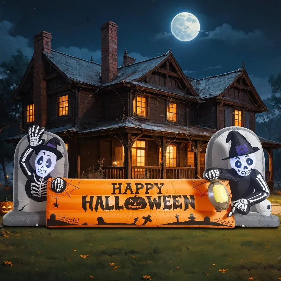 10FT Large Halloween Inflatable Skeleton Tombstone Banner – LED Lighted Blow-Up Decoration for Outdoor Holiday Party & Garden Display