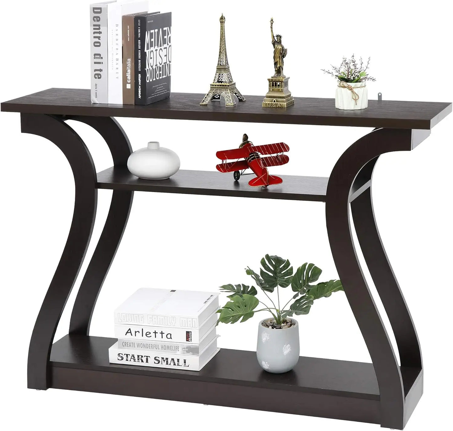 3 Tier Wood Console Table with Curved Legs and Shelf