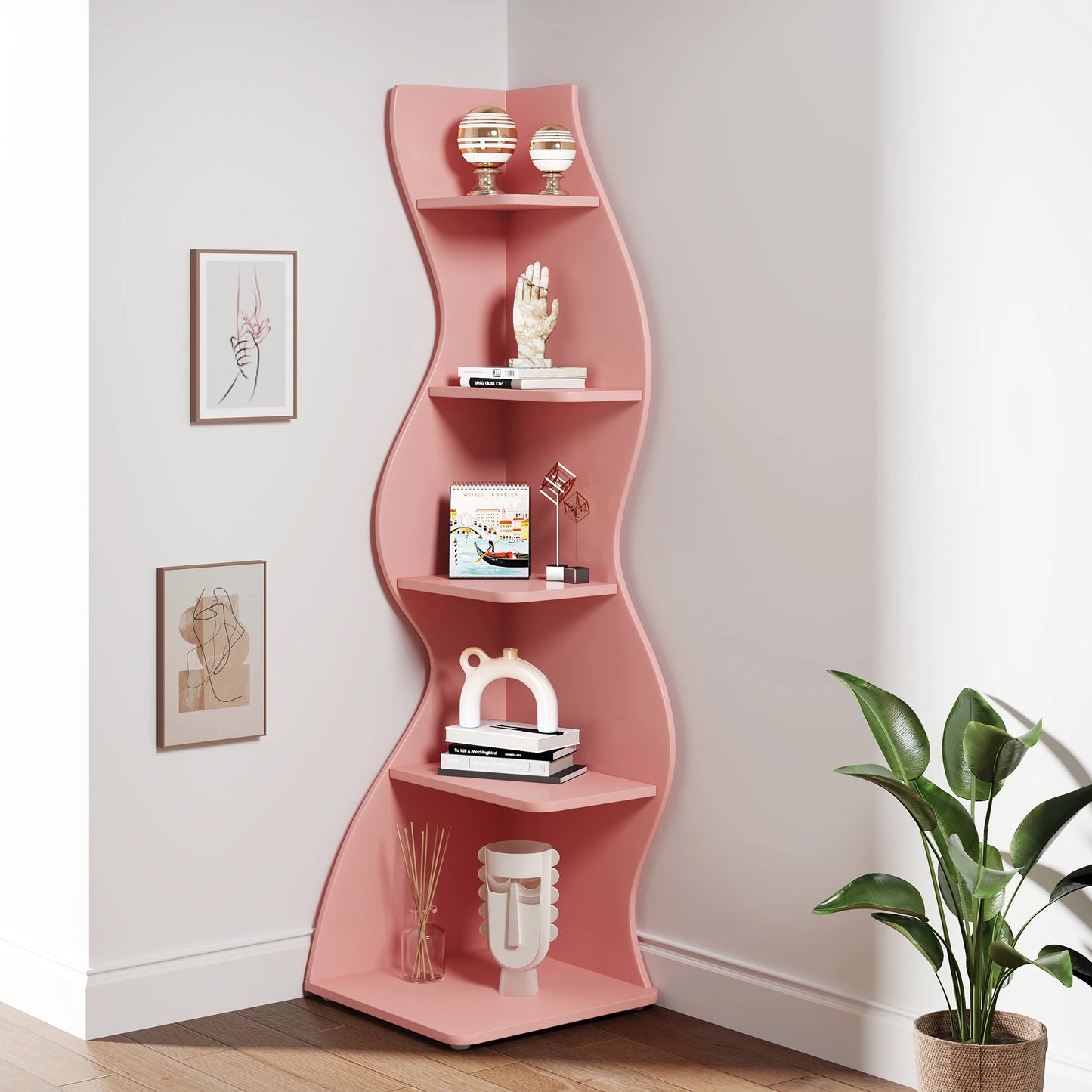 Modern 5-Tier White Corner Shelf – Stylish Sea Grass-Inspired Design, Adjustable Shelves for Home & Office Storage