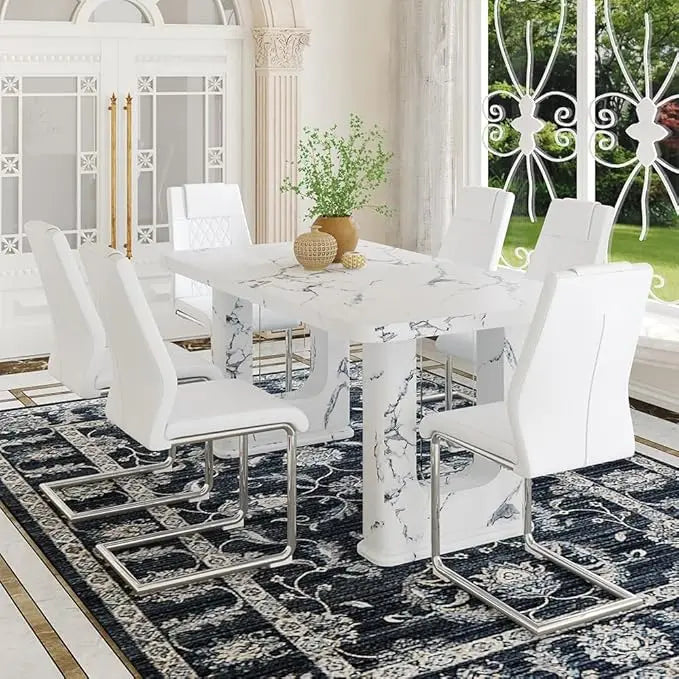 64.5" Modern Farmhouse Dining Table Set for 6 – Wood Dining Table with Decorative Pedestal Legs & 6 Cushioned Chairs