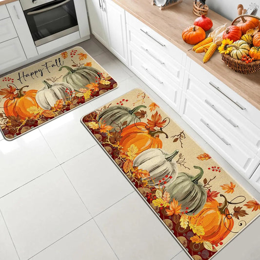 Fall Pumpkin Kitchen Mat – Autumn Maple Leaf Non-Slip Rug for Entryway, Living Room, Hallway, Laundry Room & Balcony