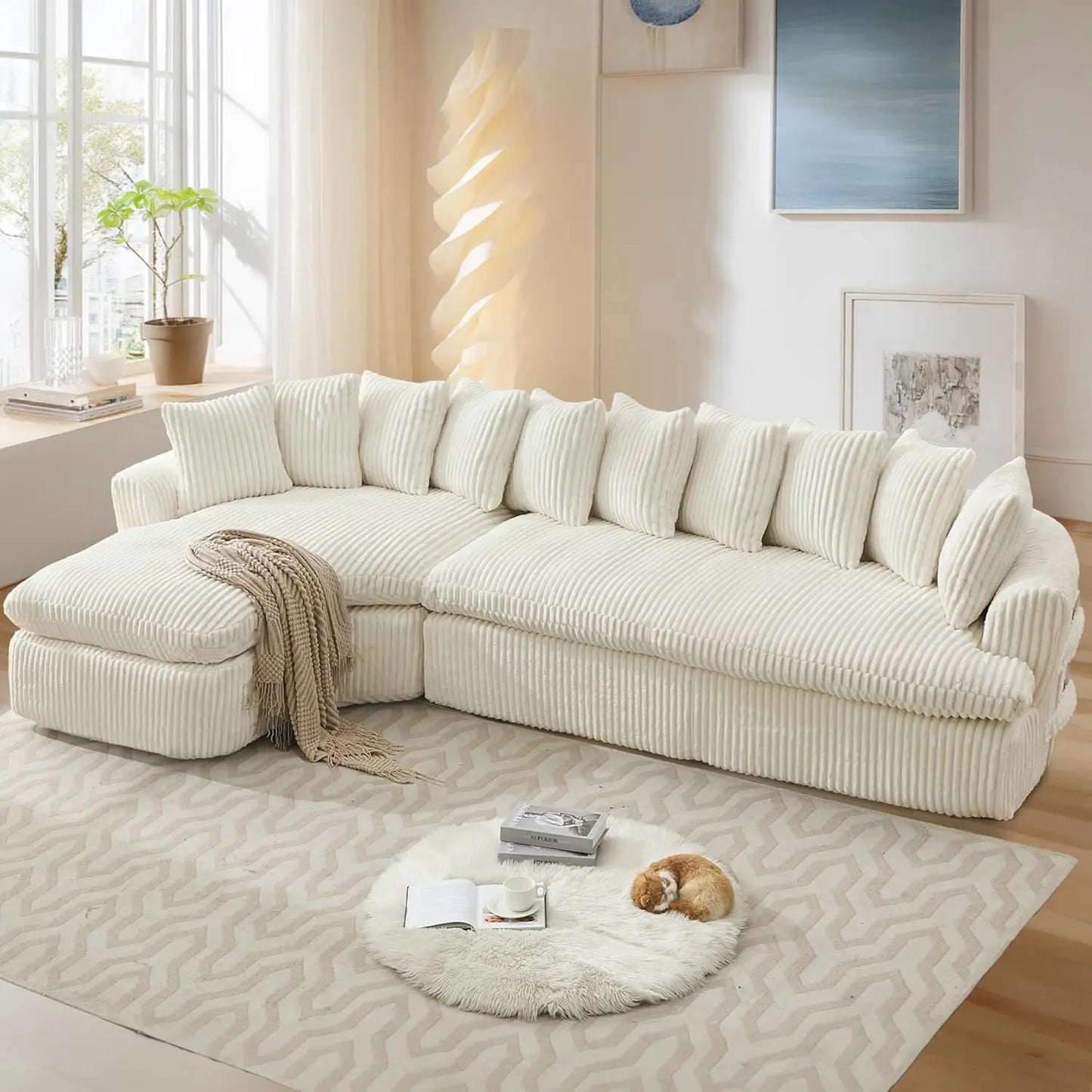 127" Cloud Corduroy Curved Sofa – Modern L-Shaped Sectional Couch for Living Room