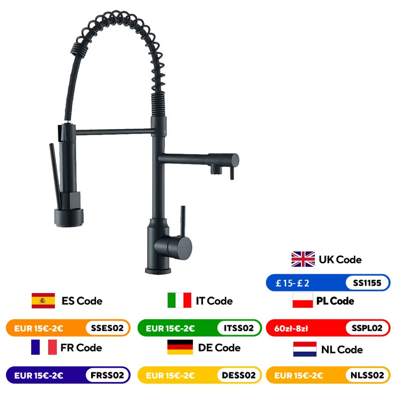 Black Pull Down Kitchen Faucet – 2-Mode Dual Spout Hot & Cold Water Mixer, 360° Swivel, Deck-Mounted Flexible Sink Tap
