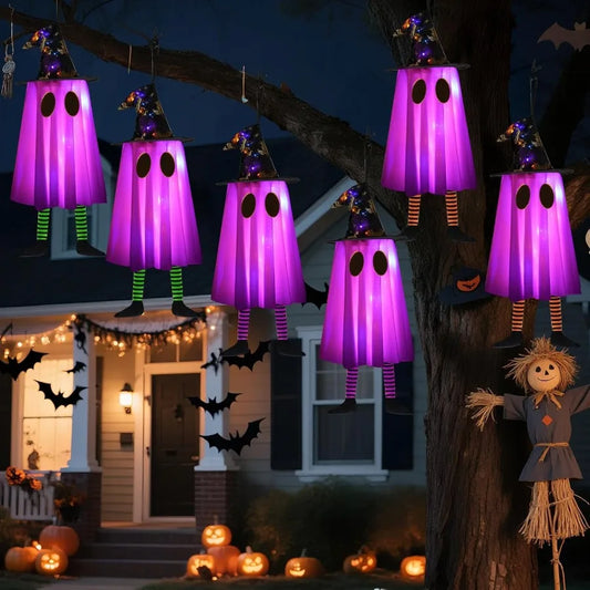 6P Lights Up Hanging Ghosts Halloween Decorations Outdoor Purple Orange Timer IP65 Waterproof Battery Operated Halloween Lights