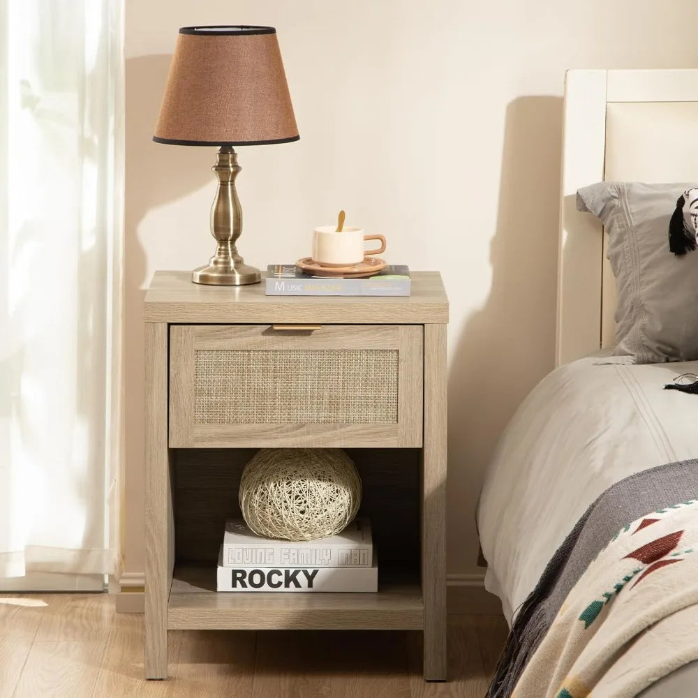 Rattan Nightstands Set of 2 – Farmhouse Bedside Tables with Drawer & Storage Shelf, Boho Chic End Tables with Wood Frame