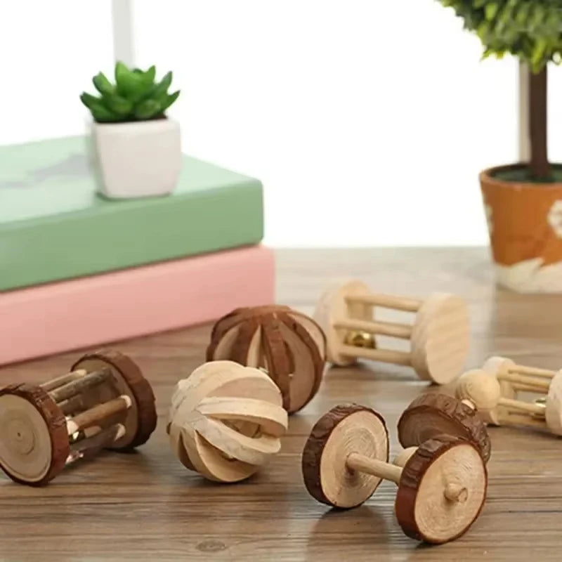 Natural Wooden Small Animal Toy Set – Chew Toys for Guinea Pigs, Rabbits, Hamsters | Dumbbells, Unicycle, Bell, Braided Balls & More