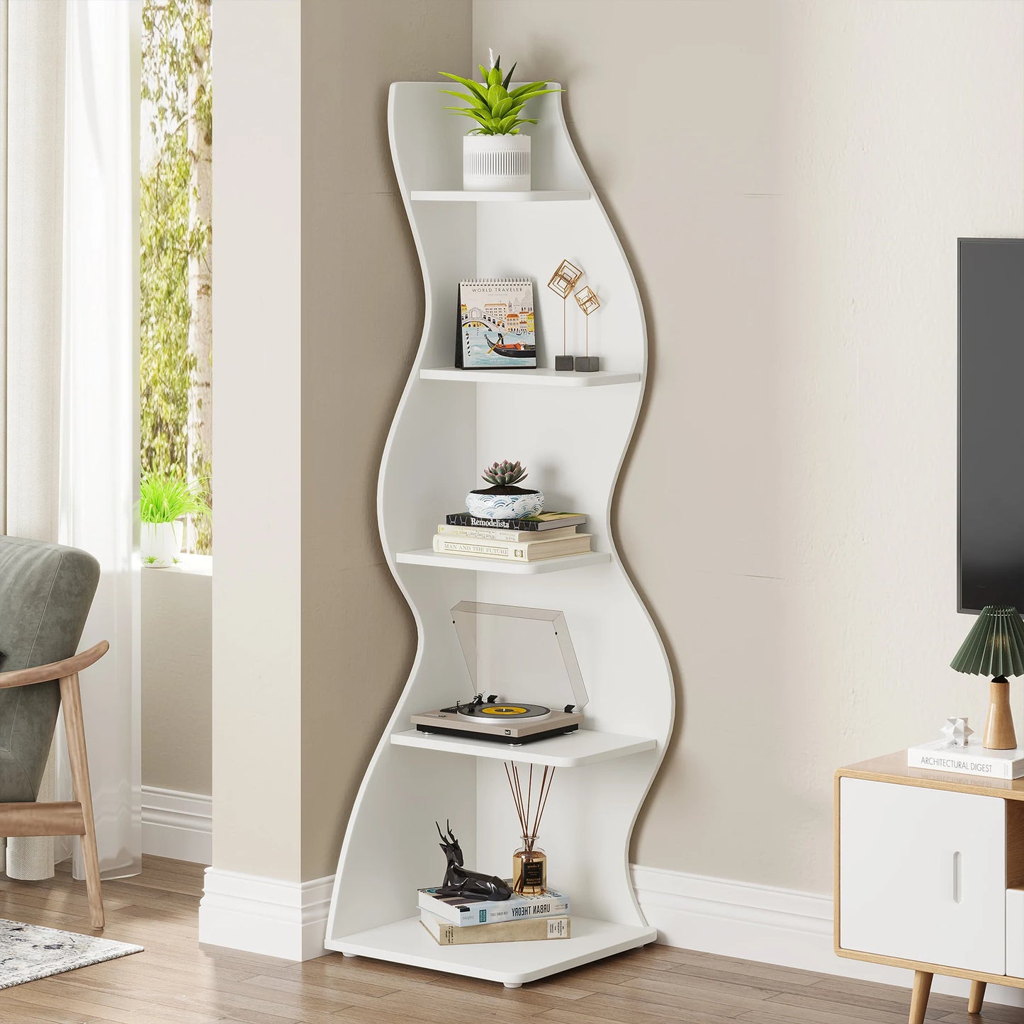 Modern 5-Tier White Corner Shelf – Stylish Sea Grass-Inspired Design, Adjustable Shelves for Home & Office Storage