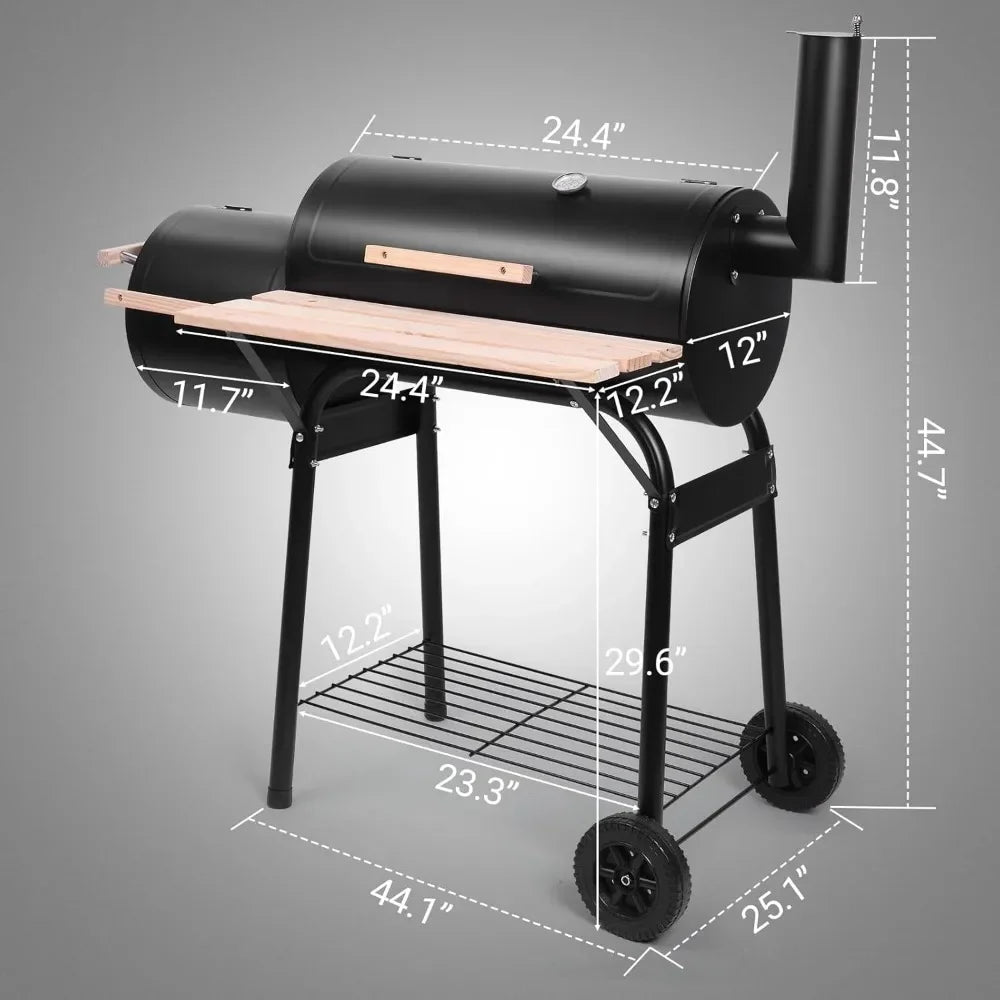 Charcoal Grill with Offset Smoker – Outdoor Patio BBQ Cooker with Wheels & Side Fire Box for Camping, Picnics, and Backyard Parties