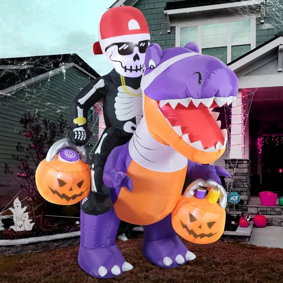 6FT Inflatable Halloween Skeleton Knight Riding Dinosaur – LED Lighted Blow-Up Decoration for Outdoor Holiday Display