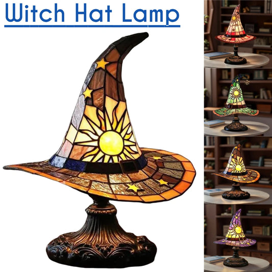Stained Glass Witch Hat Lamp – LED Resin Witch Hat Light Ornament, USB Powered Home & Bedroom Decoration