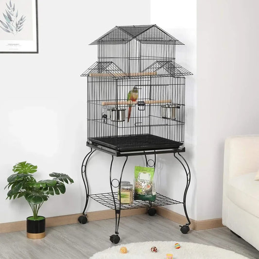 55-Inch Rolling Standing Parrot Cage with Triple Roof – Medium Bird Cage with Detachable Stand for Cockatiels, Conures, Parakeets & Small Parrots