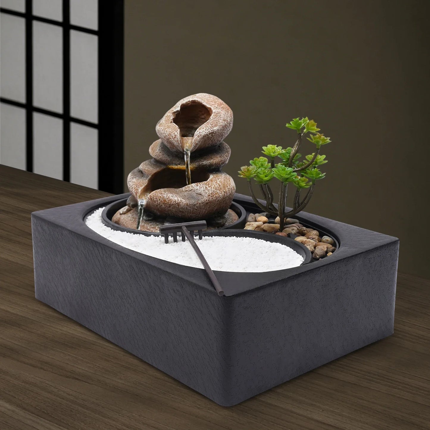 Decorative Tabletop Water Fountain with LED Light – Resin Tree Design with Quiet Pump for Home or Office Décor