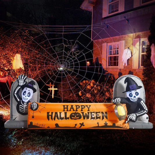 10FT Large Halloween Inflatable Skeleton Tombstone Banner – LED Lighted Blow-Up Decoration for Outdoor Holiday Party & Garden Display