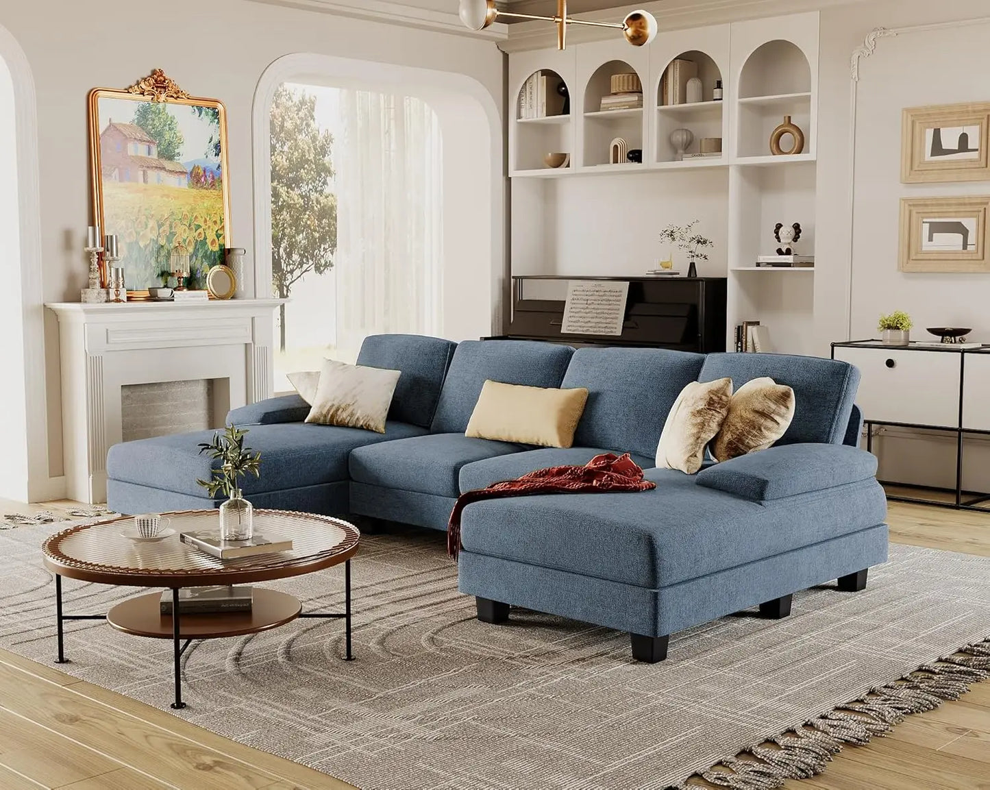 U-Shaped 4 Seat And Double Chaise Sofa Couch with Linen Fabric