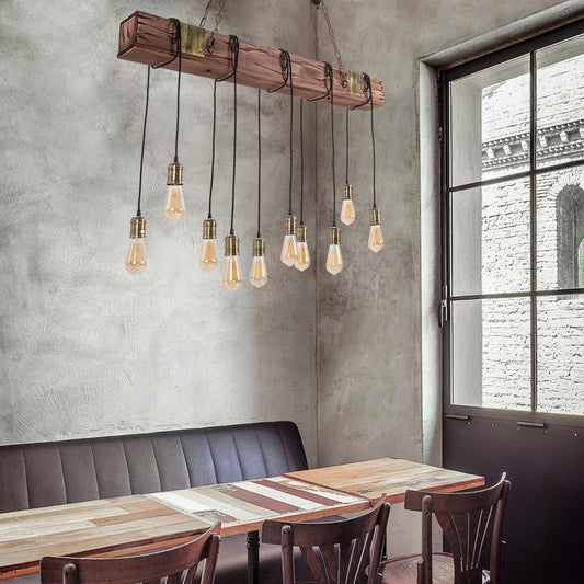 Rustic 10-Light Wooden Chandelier – Vintage Pendant Ceiling Fixture for Dining Room, Living Room, or Entrywayp