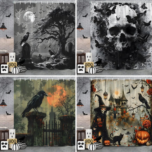 🦇 Spooky Halloween Skeleton & Crow Shower Curtain – Gothic Black Cat & Bat Design with Hooks