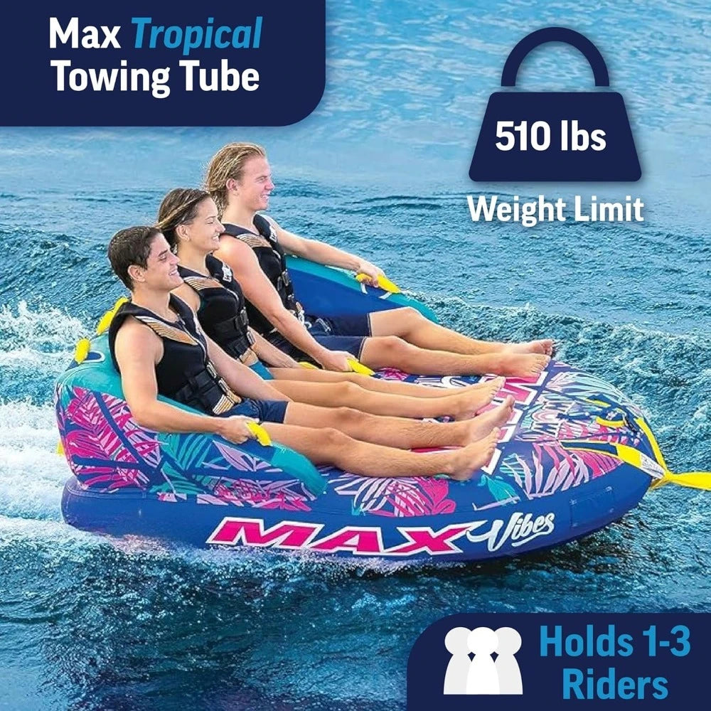 Max Tropical Inflatable Towable Tube – 1 to 3 Rider Soft Top Deck Tube for Kids & Adults with Secure Seating and Easy Tow Connector