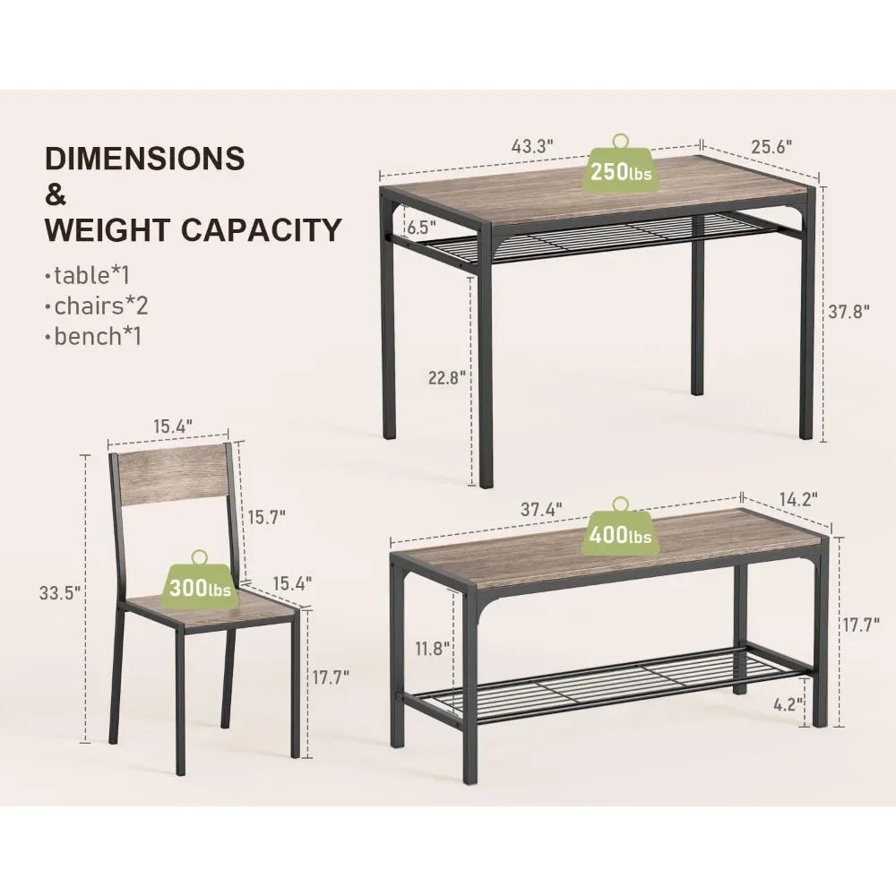 3-Piece Kitchen Dining Table Set with Chairs & Bench – Compact Dining Furniture for Small Spaces & Apartments