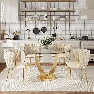 38.9" Round Dining Room Table Set for 4 – Modern Kitchen Dining Table with 4 Velvet Upholstered Chairs