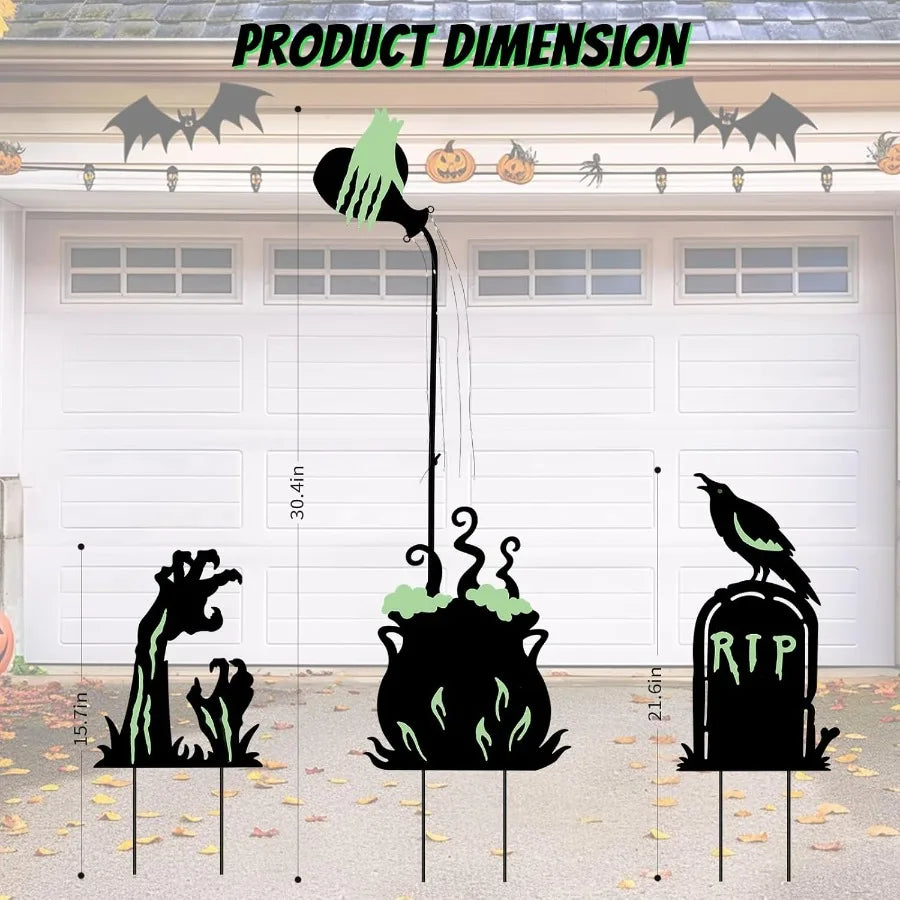Halloween Outdoor Yard Decorations Set – 3 Solar LED Witch’s Cauldron, Potion Bottles, Ghost Hand & Tombstone Metal Stake Lights for Patio and Garden