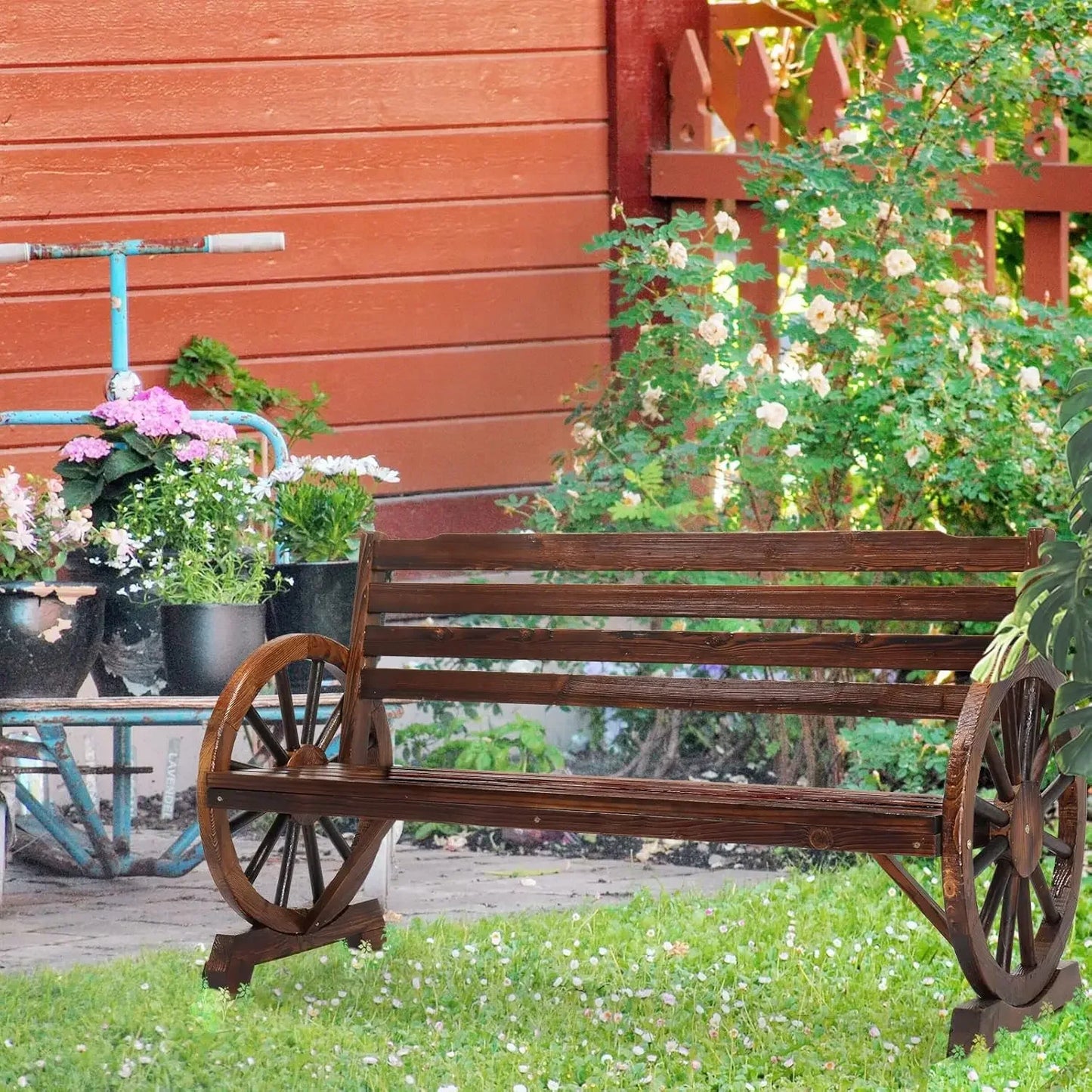 Outdoor Rustic Wooden Bench with Wagon Wheel Arms – 3-Person Garden Bench for Patio, Porch, Lawn & Yard Furniture