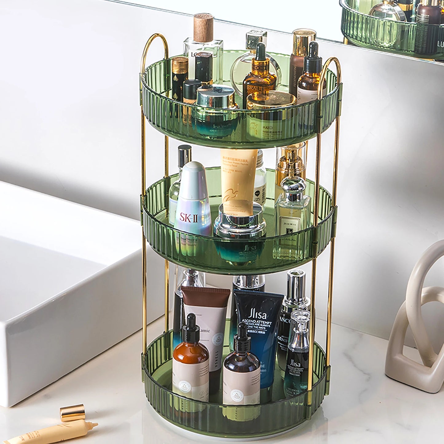 3-Tier Rotating Makeup Organizer – Clear High-Capacity Cosmetic & Skincare Storage for Vanity, Dresser, or Countertop
