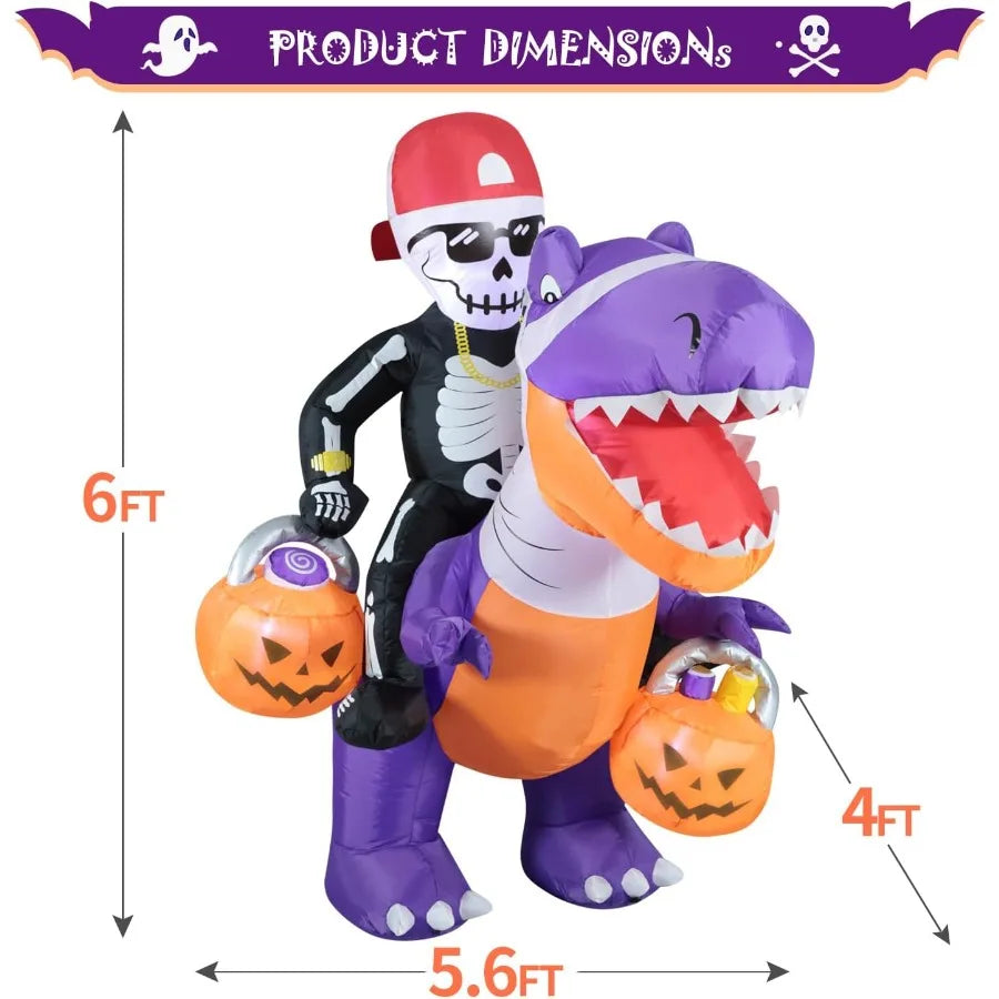6FT Inflatable Halloween Skeleton Knight Riding Dinosaur – LED Lighted Blow-Up Decoration for Outdoor Holiday Display