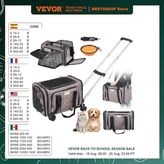 VEVOR Rolling Pet Carrier Backpack – Breathable Cat & Dog Travel Bag with Telescopic Handle, Wheels & Shoulder Straps