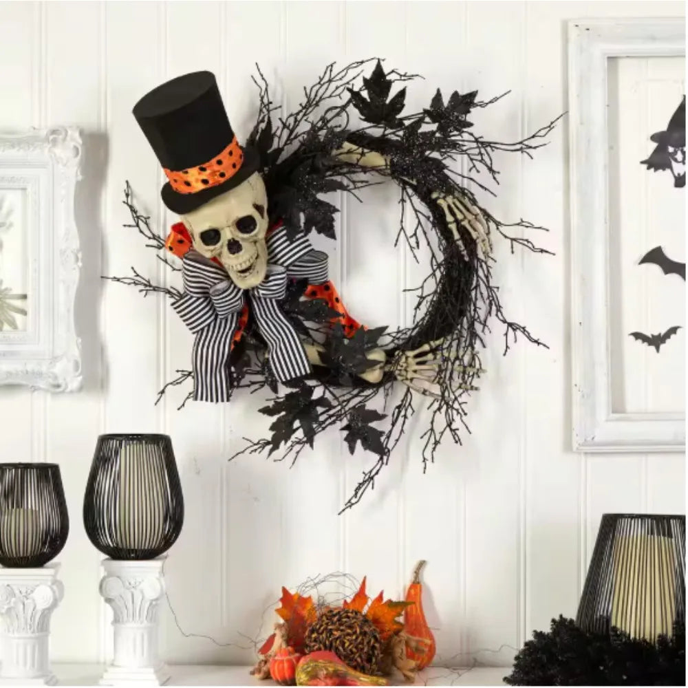 26-Inch Black Dapper Skeleton Halloween Wreath – Spooky & Stylish Front Door Decoration
