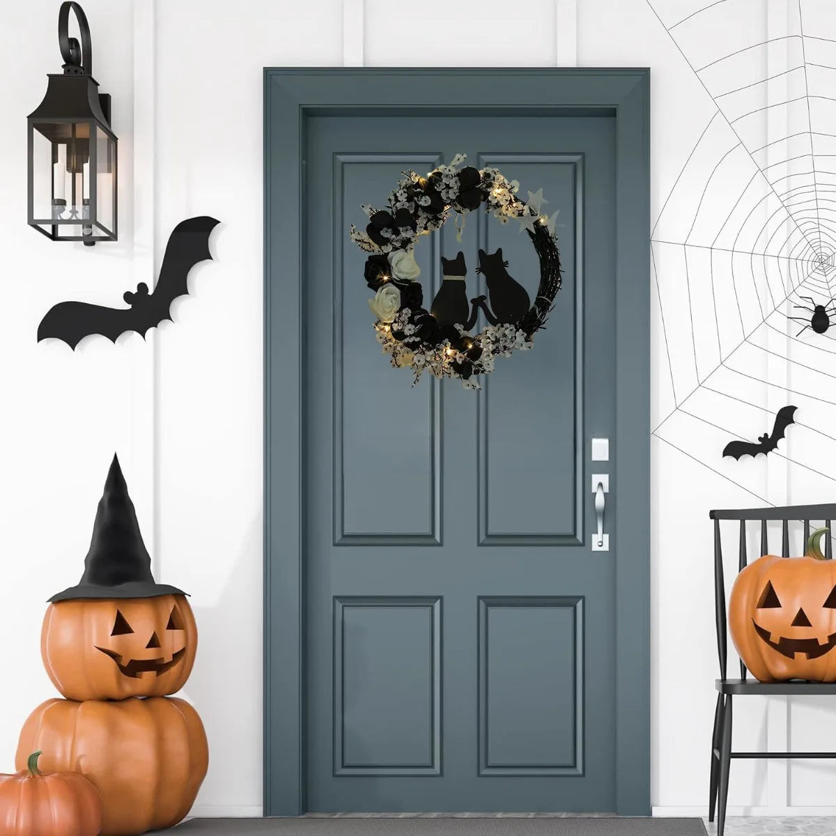 Black Cat Crescent Wreath – Spooky Halloween Front Door & Window Decor for Home, Party, or Holiday Display