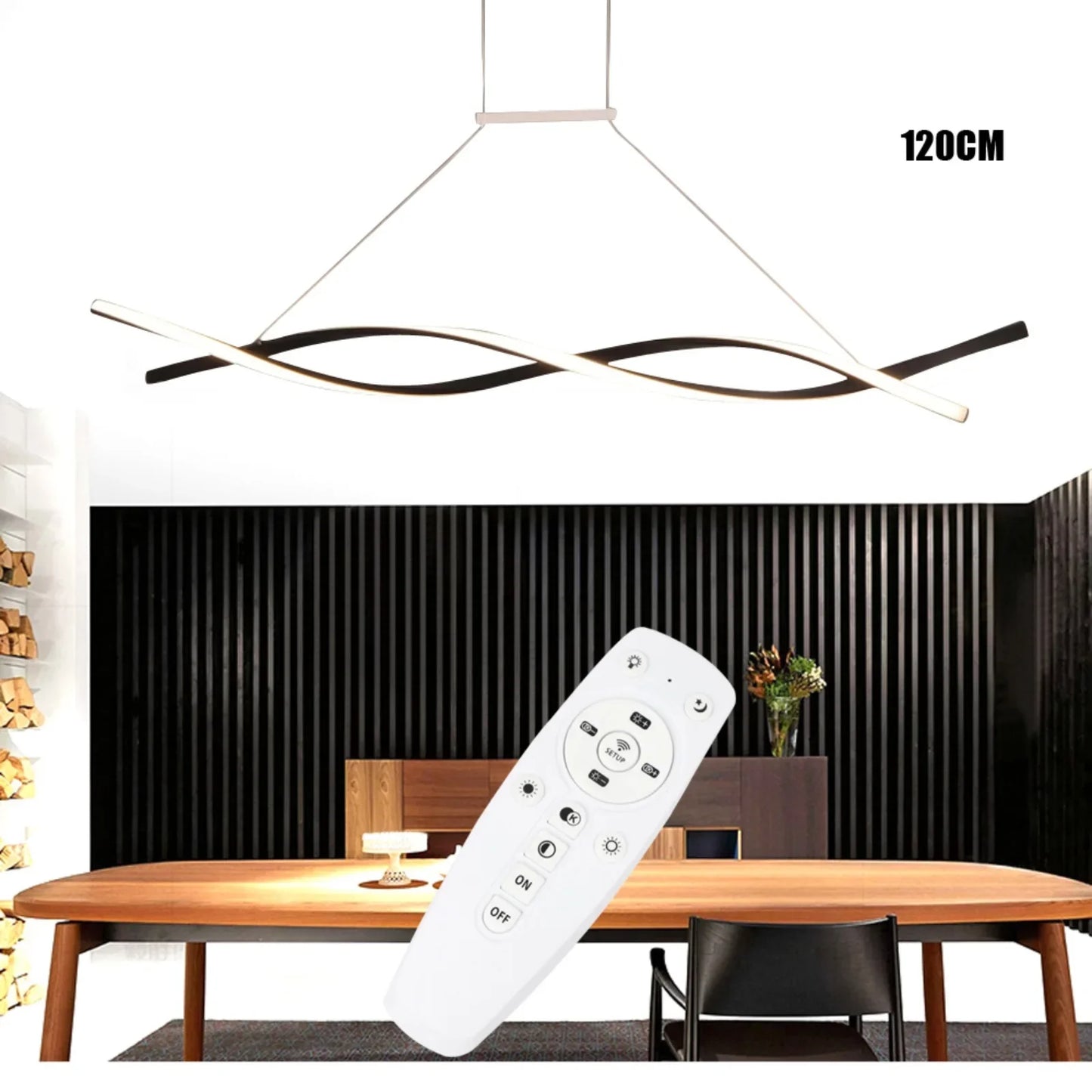 Modern Black LED Pendant Light – Remote Control Dimmable Ceiling Fixture for Dining Room, 46W, Adjustable Height