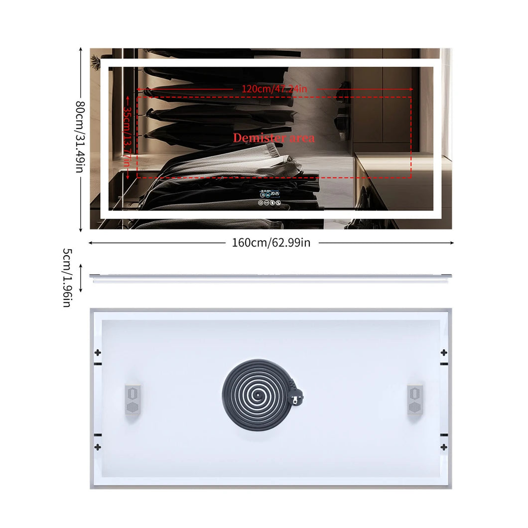 XXL Smart LED Bathroom Vanity Mirror – Wall Mounted with Bluetooth Speaker, Digital Display, Anti-Fog, Dual Front & Back Lighting for Home, Hotel, or Hallway