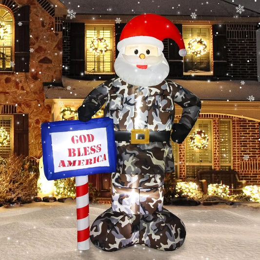 7FT Giant Inflatable Camouflage Santa Claus with Built-in LED Lights β Outdoor Christmas Decoration