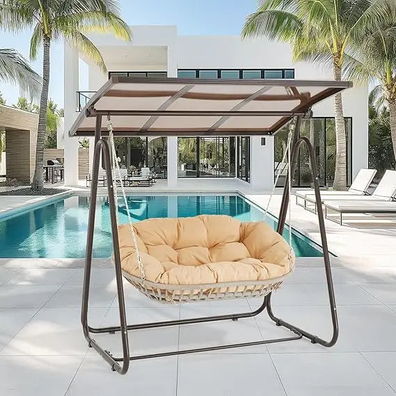 2-Person Outdoor Porch Swing with Adjustable Hardtop Canopy & 5.9" Thick Cushions – Weather-Resistant Rattan Patio Swing Chair