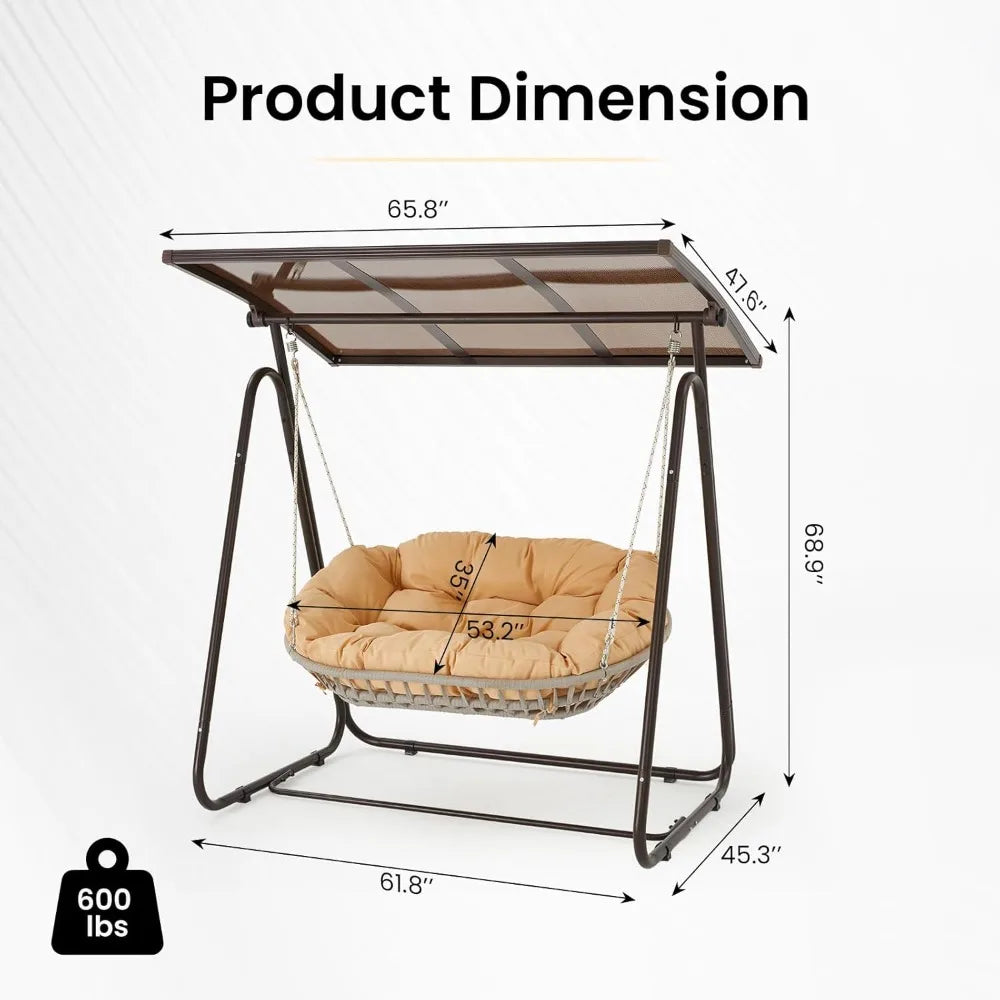 2-Person Outdoor Porch Swing with Adjustable Hardtop Canopy & 5.9" Thick Cushions – Weather-Resistant Rattan Patio Swing Chair