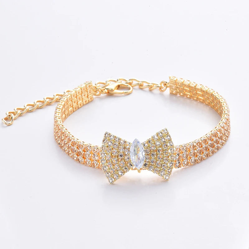 Zircon Bow Tie Dog & Cat Collar – Rose Gold Adjustable Pet Necklace with Lobster Clasp & Gift Box | Elegant All-Season Accessory