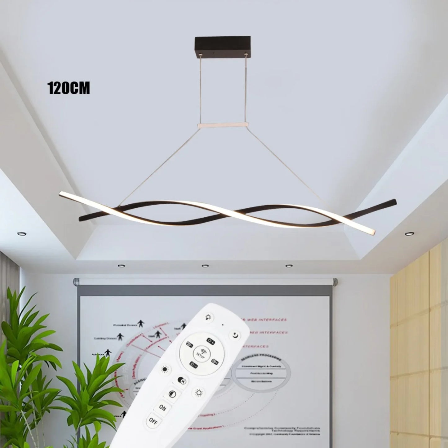 Modern Black LED Pendant Light – Remote Control Dimmable Ceiling Fixture for Dining Room, 46W, Adjustable Height