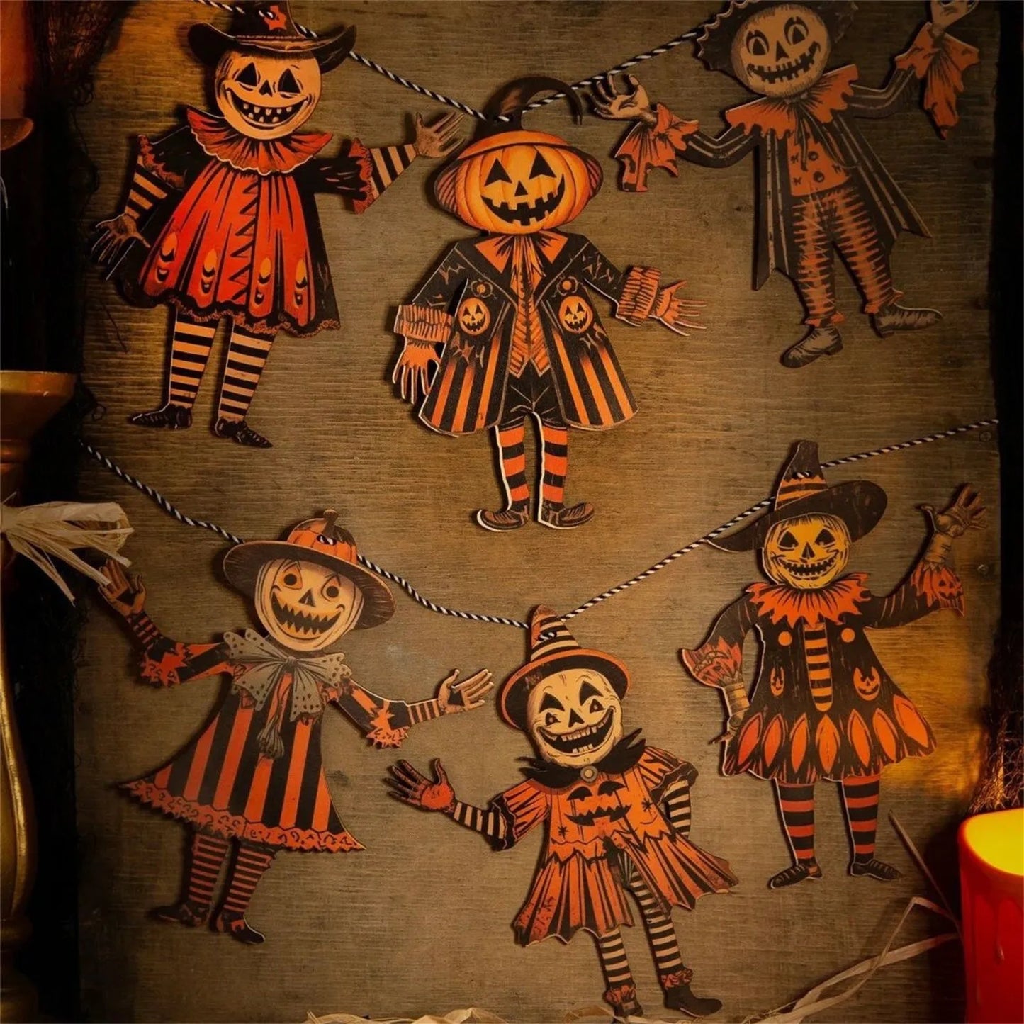 2D Halloween Wooden Hanging Ornaments – Retro Pumpkin & Ghost Bunting Garland for Spooky Festival Atmosphere