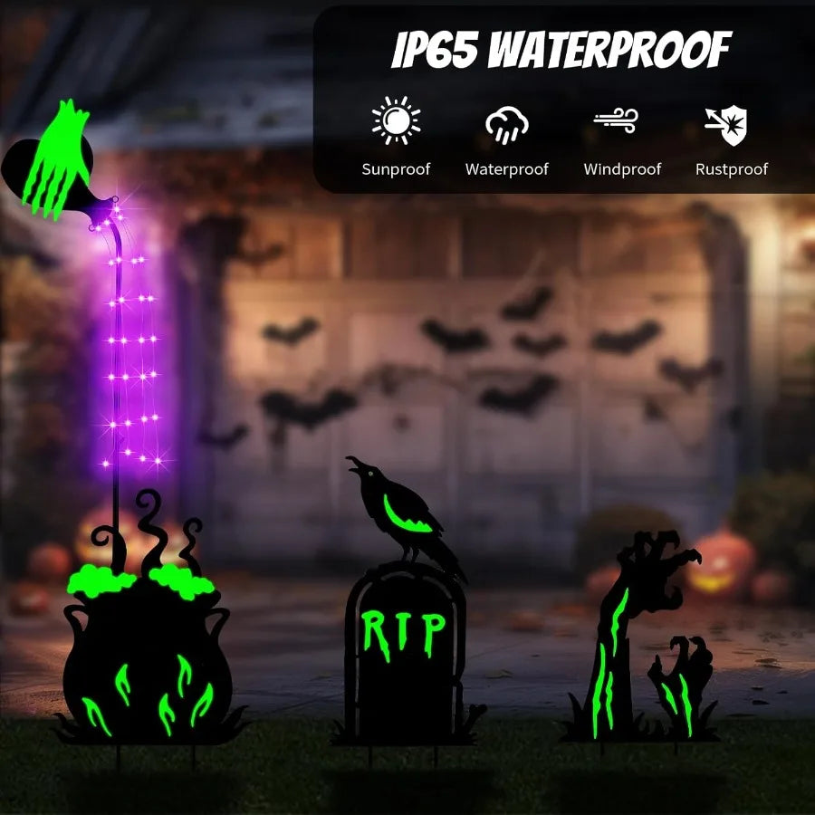 Halloween Outdoor Yard Decorations Set – 3 Solar LED Witch’s Cauldron, Potion Bottles, Ghost Hand & Tombstone Metal Stake Lights for Patio and Garden