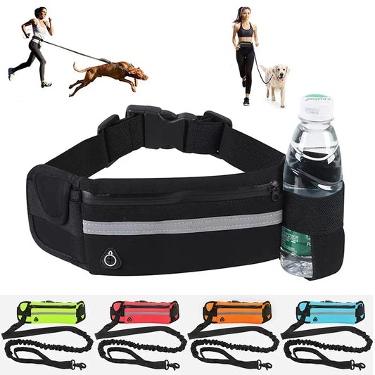 Dog Running Waist Leash with Retractable Elastic Belt & Reflective Buckle – Nylon Pet Leash with Waist Bag
