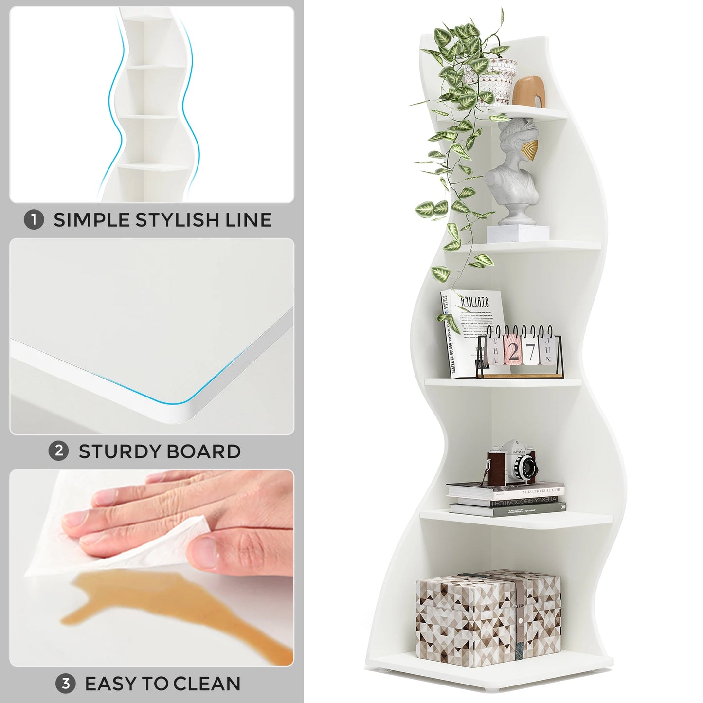 Modern 5-Tier White Corner Shelf – Stylish Sea Grass-Inspired Design, Adjustable Shelves for Home & Office Storage