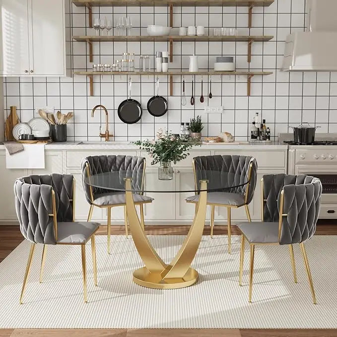 38.9" Round Dining Room Table Set for 4 – Modern Kitchen Dining Table with 4 Velvet Upholstered Chairs